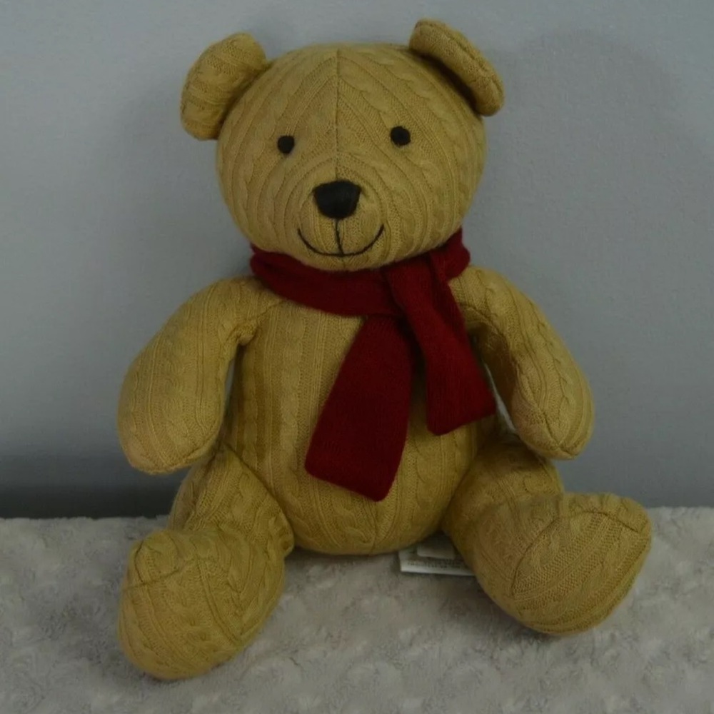 Martha Stewart Teddy Bear Plush Stuffed Animal Tan Red Scarf Sweater Cable Knit